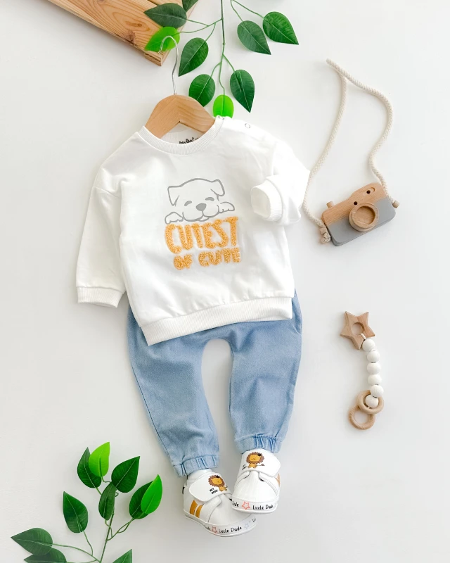 Cutest of cute omuzdan çıtçıtlı örme kot pantolonlu mevsimlik 2li takım 