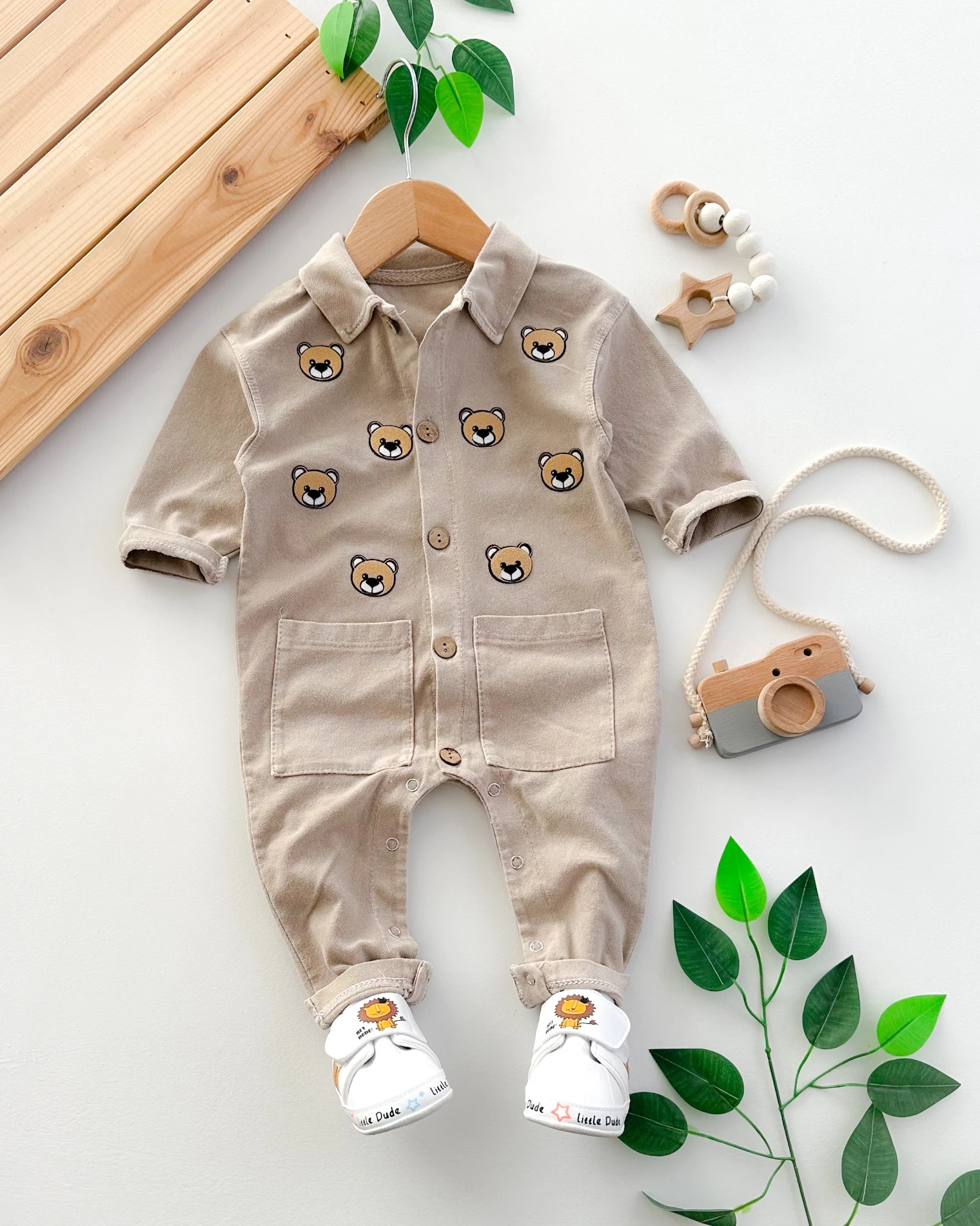 Ayıcık detaylı cepli örme kot mevsimlik unisex bebe tulum