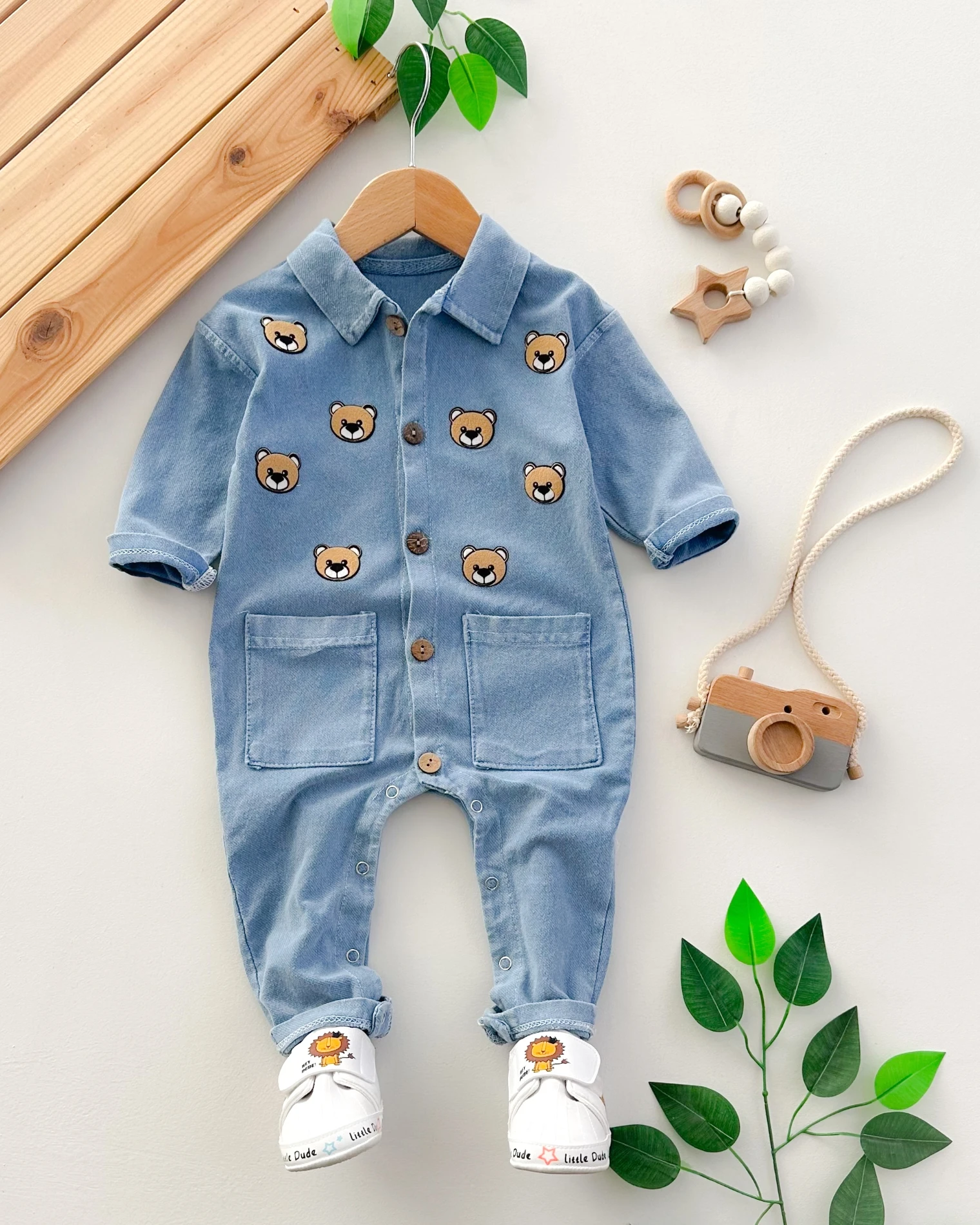 Ayıcık detaylı cepli örme kot mevsimlik unisex bebe tulum