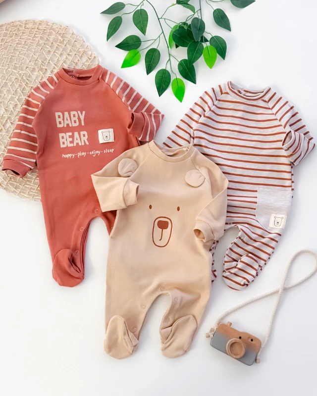 Baby bear alttan çıtçıtlı ayaklı mevsimlik 3lü tulum set 