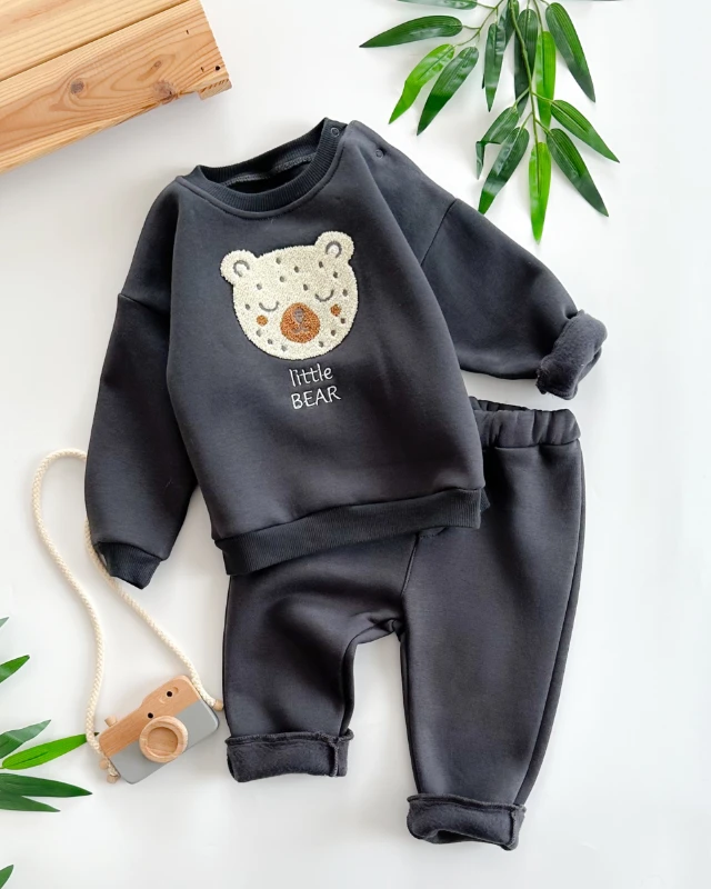 Little bear punch nakışlı omuzdan çıtçıtlı şardonlu kışlık 2li takım 