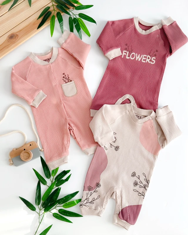 Flowers desen omuzdan çıtçıt detay fitilli mevsimlik 3lü tulum set  