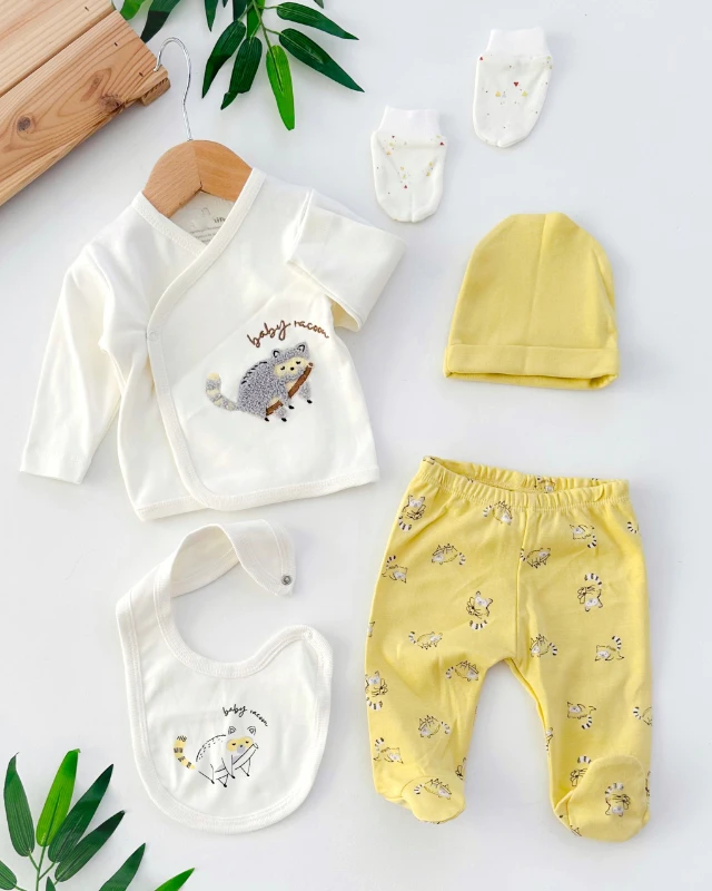 Baby racoon yandan çıtçıtlı mevsimlik penye yenidoğan 5li set 