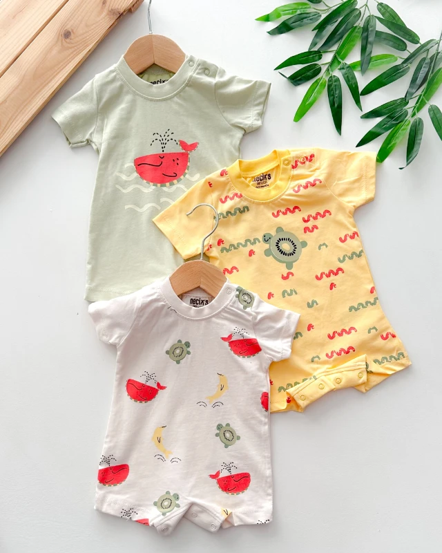 Deniz canlıları desen omuzdan ve alttan çıtçıtlı yazlık 3 lü tulum set 